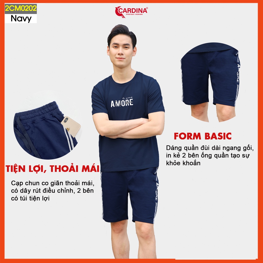Đồ bộ nam CARDINA chất cotton cao cấp áo cộc tay in chữ kiểu dáng thể thao 2CM02