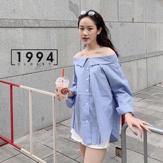 Áo sơ mi trễ vai oversize 1078 kẻ sọc xanh SA70 1994closet