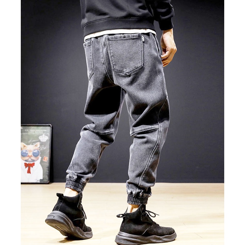 Quần Jeans Jogger nam màu xám đen bó gấu lưng chun dây buộc 302 pon.mens