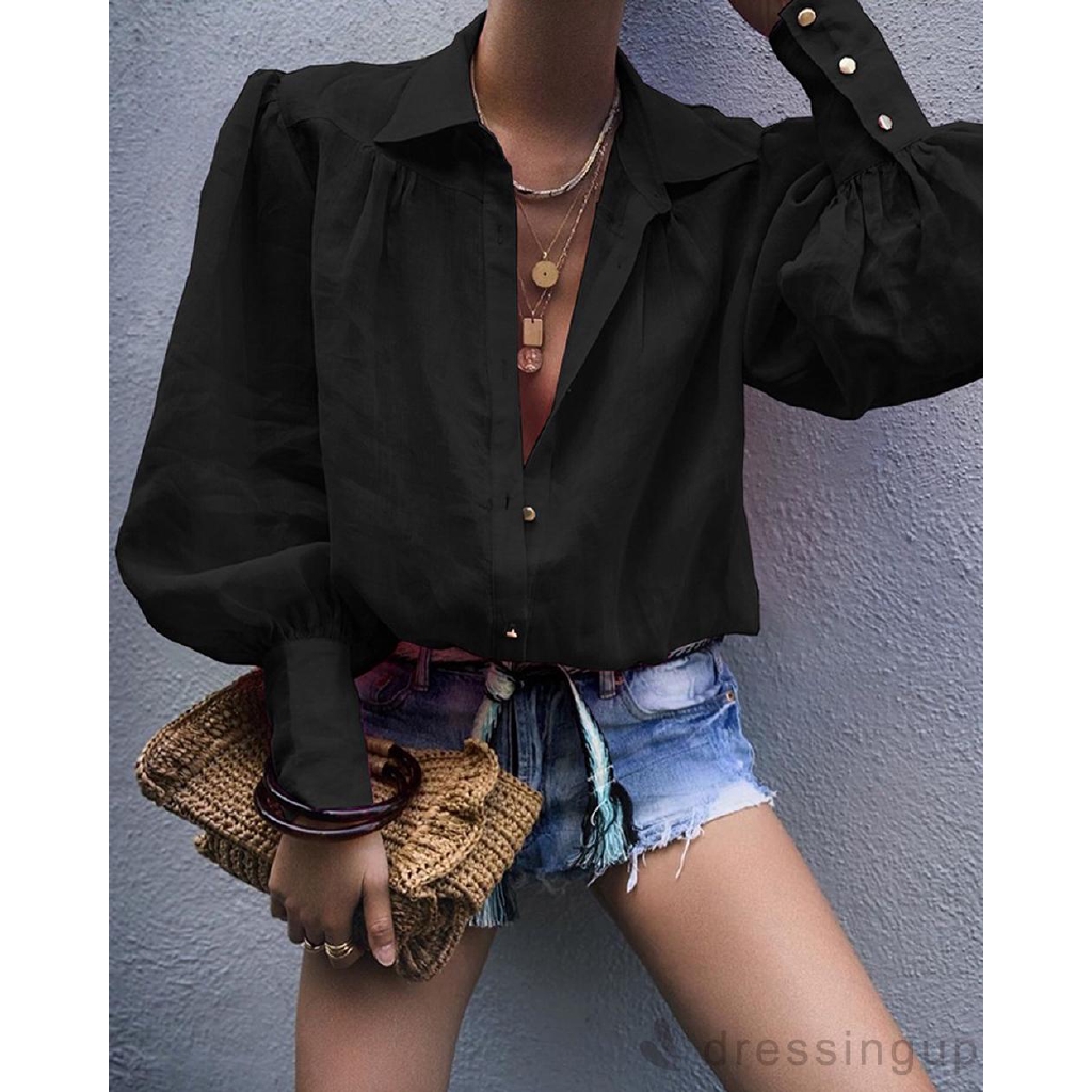 Áo sơ mi tay dài cổ chữ V thời trang công sở thanh lịch