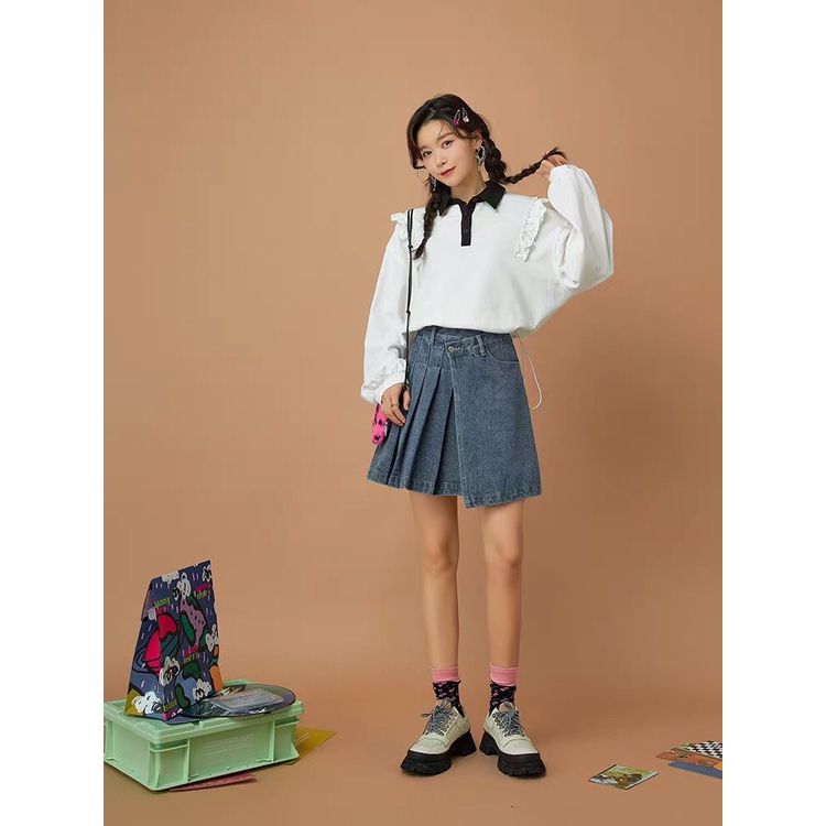 Áo polo dài tay nữ nhún vai dây rút áo kiểu phong cách Hàn Quốc hàng thiết kế ALALA