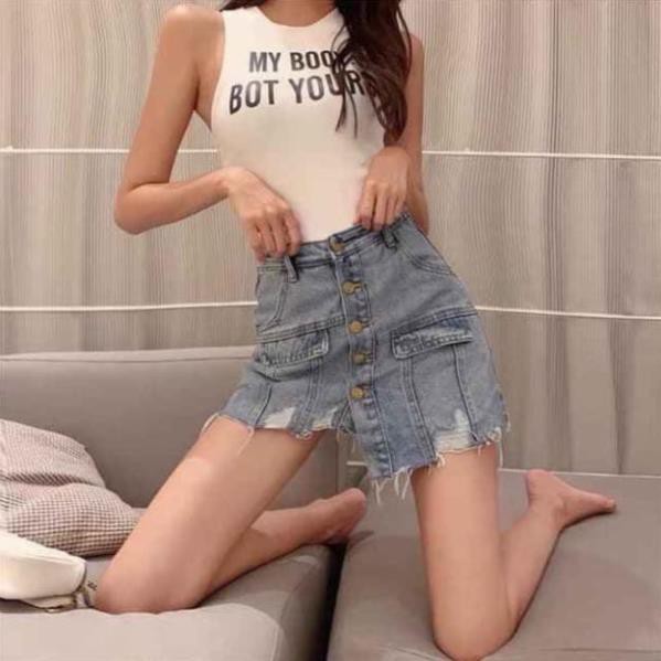 Quần giả váy nữ vải bò khuy dọc F06