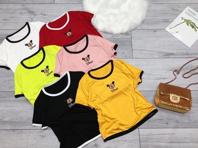 Áo Croptop body cổ tròn thêu hình #Mickey tay ngắn chạy viền