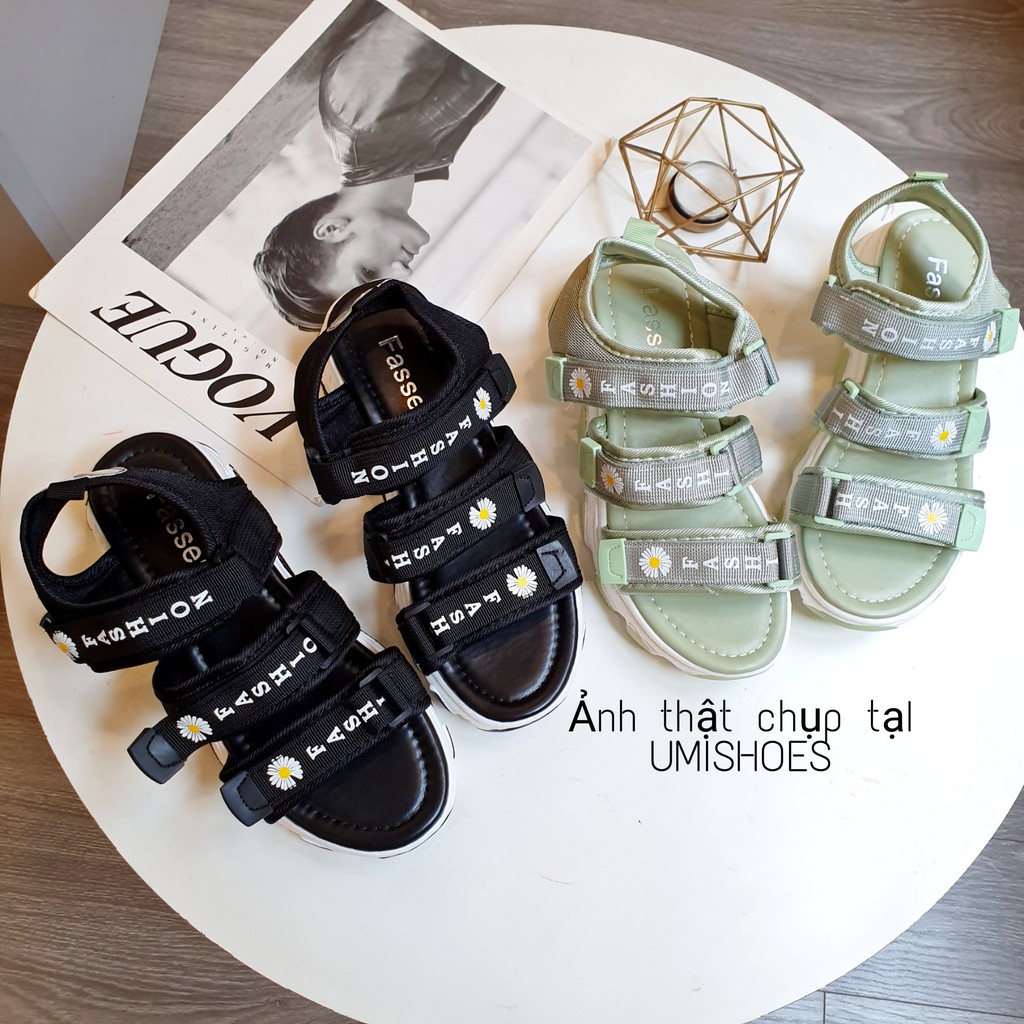 Giày sandal hoa cúc 3 quang ngang Ulzzang nâng độn đế cao 4cm trend màu đen/xanh cá tính mới đẹp