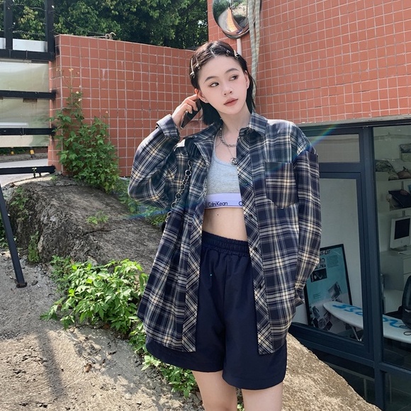 ZHELIHANGFEI Áo kẻ sọc cổ điển dài tay chống nắng áo sơ mi dáng rộng đa năng