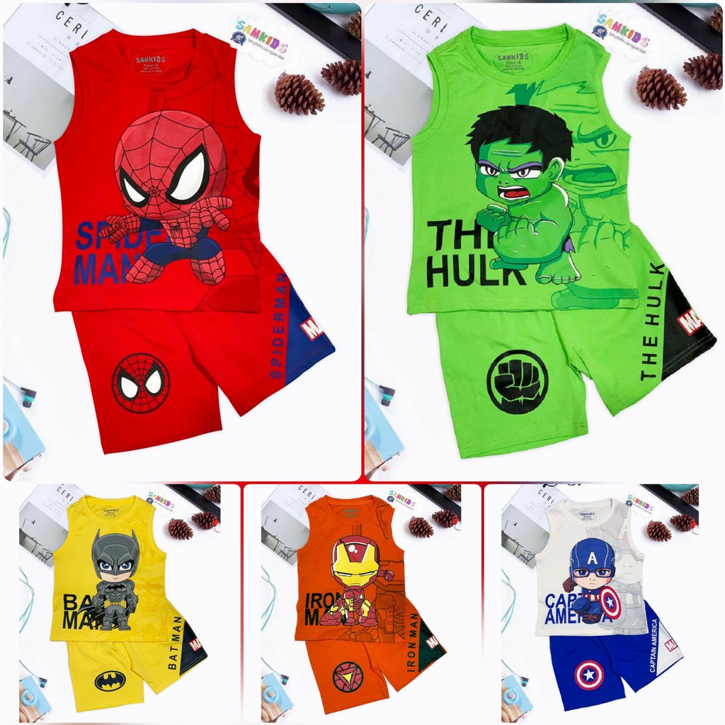 Bộ quần áo siêu nhân người nhện, người dơi, khổng lồ xanh người sắt, đội trưởng mỹ - Bộ đồ siêu nhân sát nách bé trai