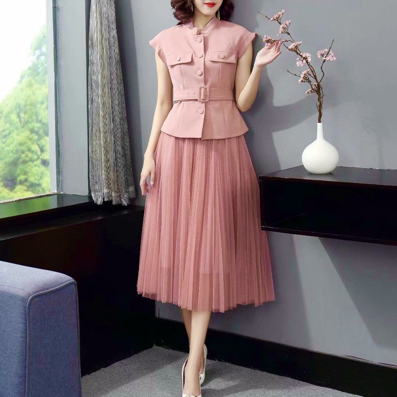 Set tiểu thư - chân váy xếp ly - áo cổ trụ