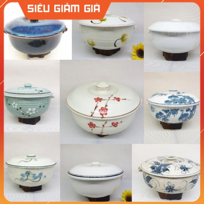 Âu sứ Âu cơm canh có nắp có quai cầm - Đường kính 19cm - Bát nắp gốm Bát tràng cao cấp