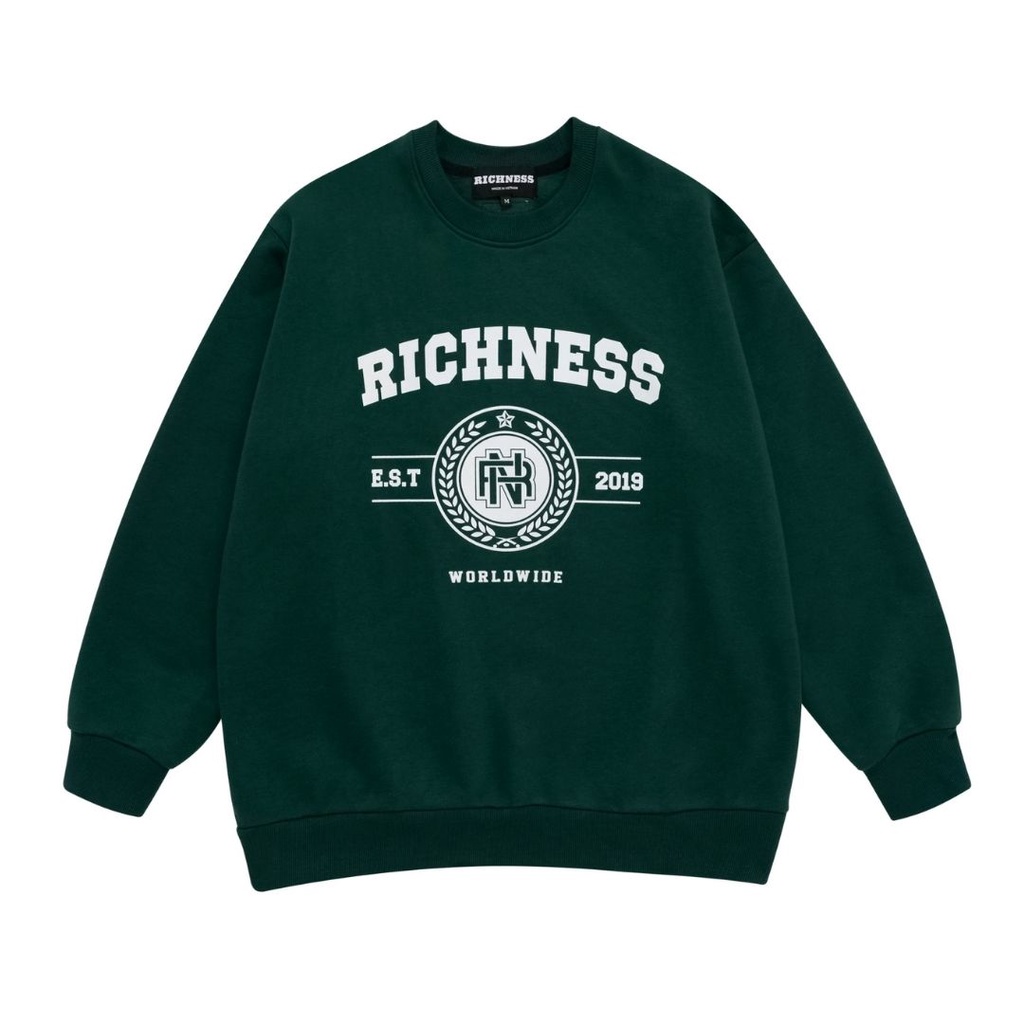 Áo Sweater Nỉ Bông Tay Dài Unisex RICHNESS UNIVERSITY Màu Xanh Lá - Local Brand Chính Hãng