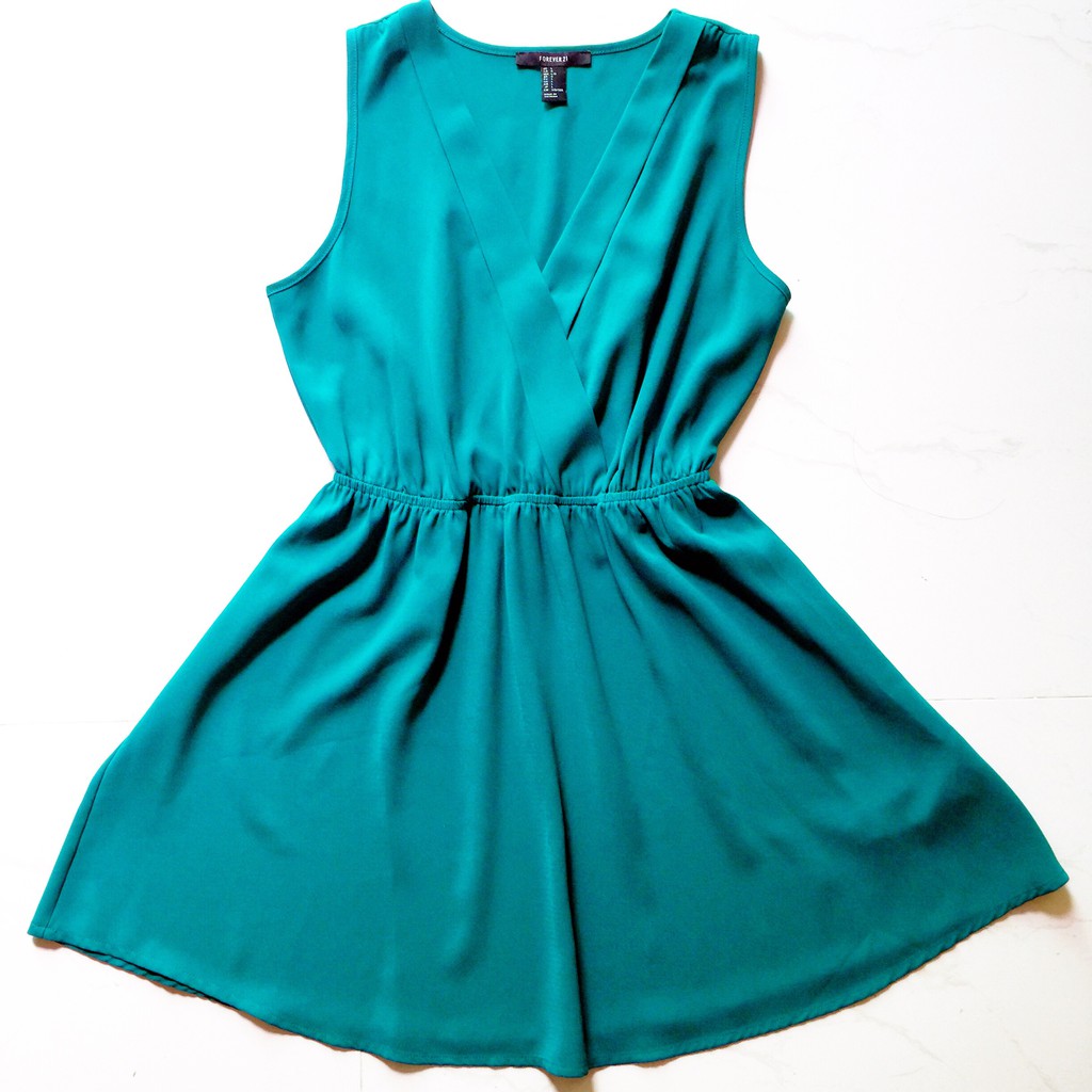 ĐẦM XOÈ NỮ FOREVER 21 – SIZE L (170/98A) – XANH NGỌC BÍCH – CỔ TIM – KHÔNG TAY – BO EO – XÁCH TAY NETHERLANDS – FIT L