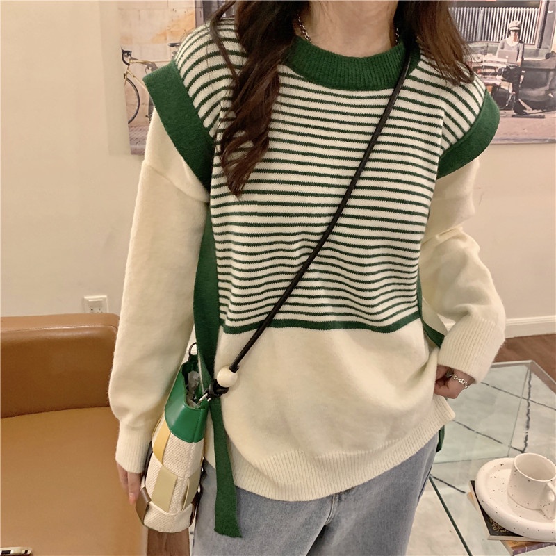 QADCOL Áo sweater dệt kim dáng rộng phong cách Hàn Quốc
