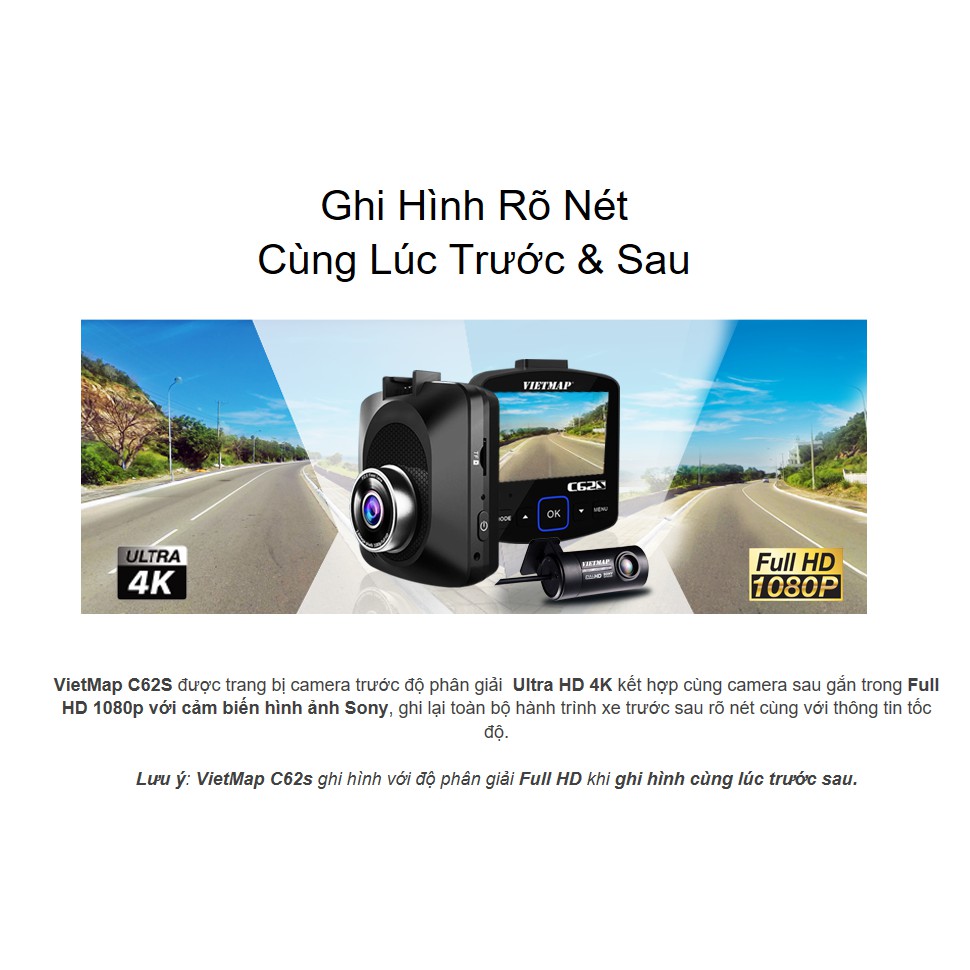 Camera Hành Trình Ô tô VietMap C62S phân giải Ultra HD 4K - Ghi Hình Trước Sau Tích Hợp Giọng Nói + Wifi + Thẻ Nhớ 32GB