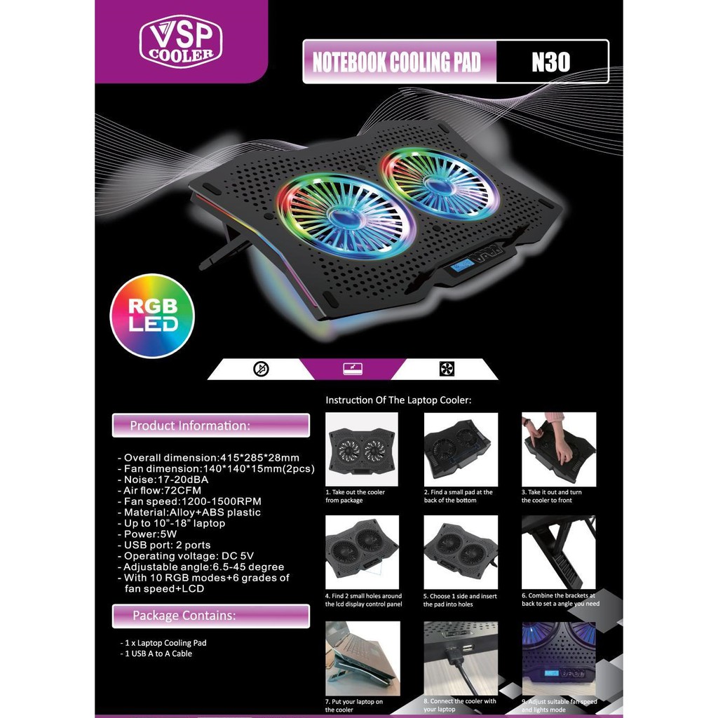 Đế tản nhiệt VSP COOLER N30 cho laptop từ 10&quot; đến 18&quot; Led RGB (Đen)