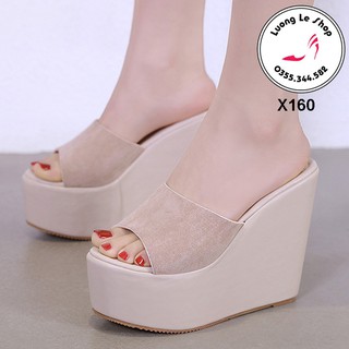 Dép đế xuồng 11cm da lộn quai ngang bản to 2 màu đen be ms X160