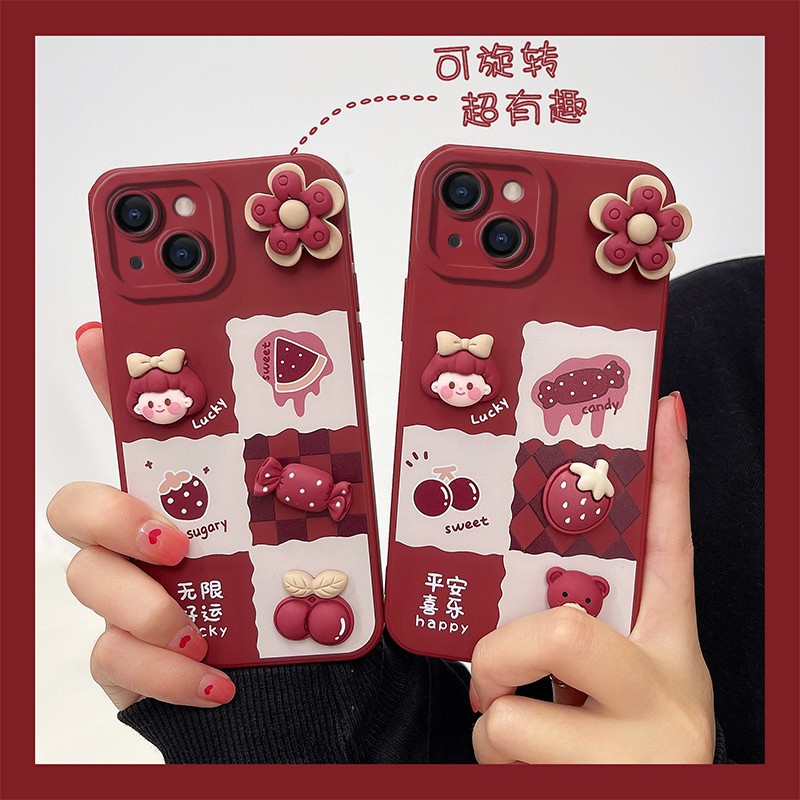 Ốp lưng Iphone đỏ rượu style Hàn gắn charm đỏ cherry cho 13Promax/13Pro/13/12Promax/..../6Plus/6