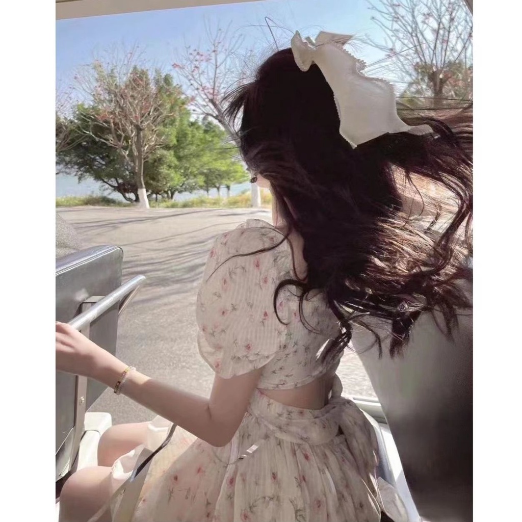 Đầm Chiffon Ngắn Cổ Yếm Cột Dây In Họa Tiết Hoa Thời Trang Xuân Hè Cho Nữ