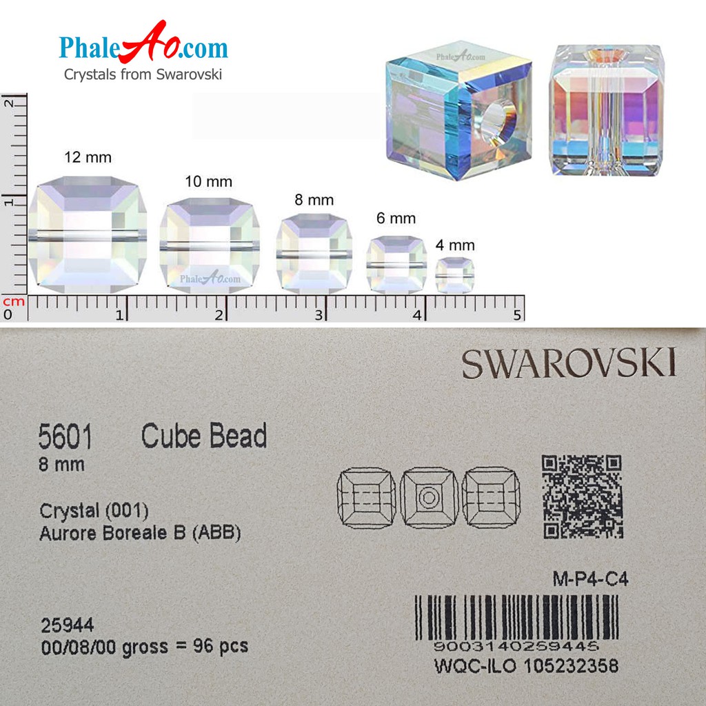 Pha lê SWAROVSKI  - nhiều hạt vuông 4, 6, 8, 10, 12 ly 5601 crystal 001AB cube, tặng dây xỏ, PhaleAo