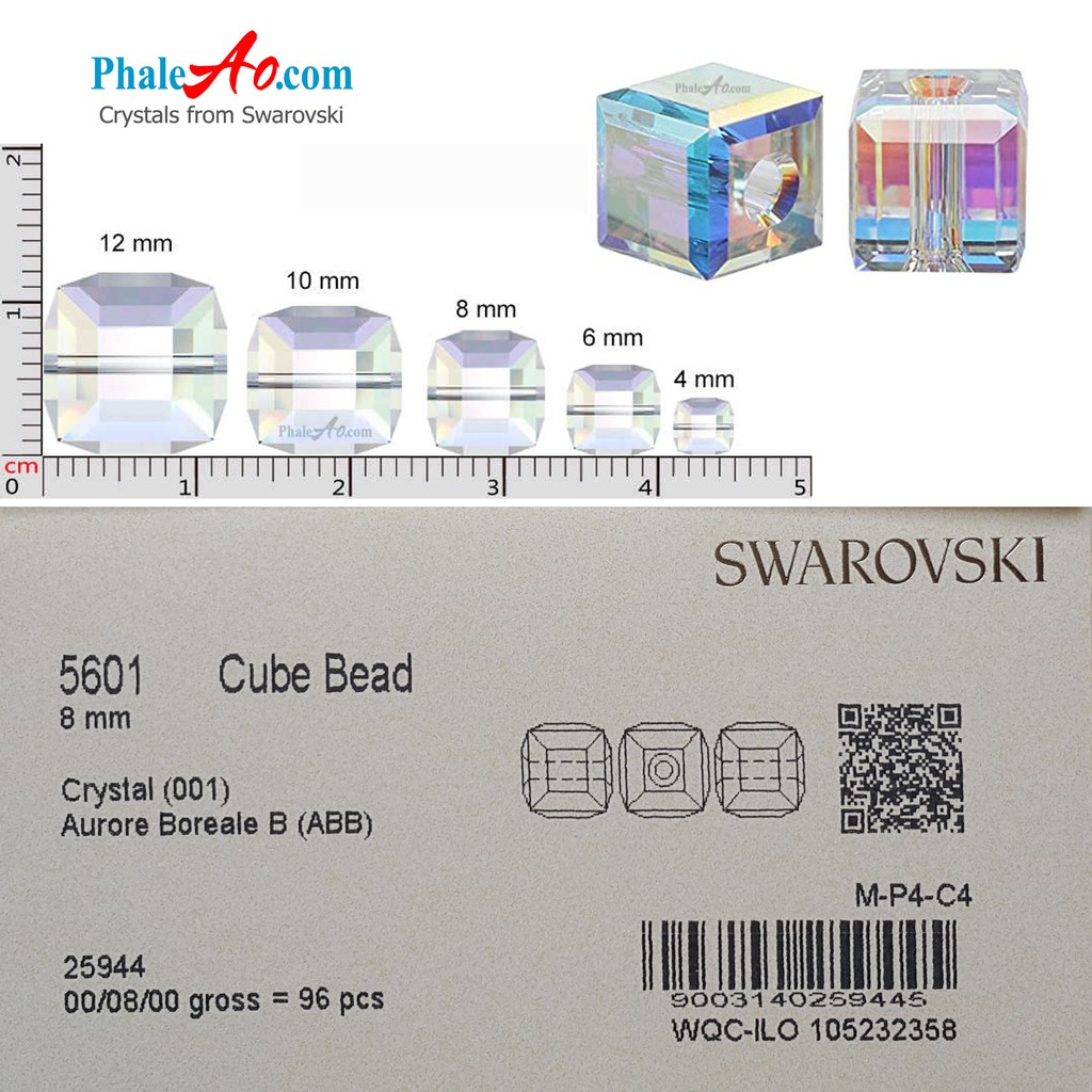 Pha lê SWAROVSKI (Áo) - 5 hạt vuông 4, 6, 8, 10, 12 ly 5601 crystal 001AB cube, tặng dây xỏ, PhaleAo