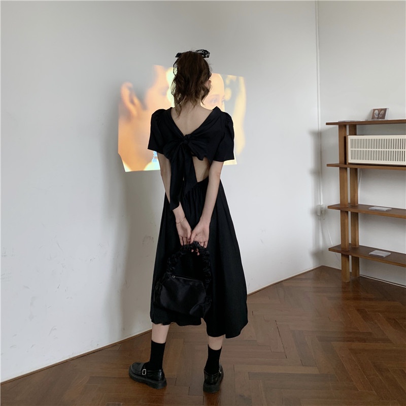 Đầm midi SUXI tay phồng màu trơn ôm dáng phối nơ sau lưng phong cách Hàn Quốc gợi cảm cho nữ