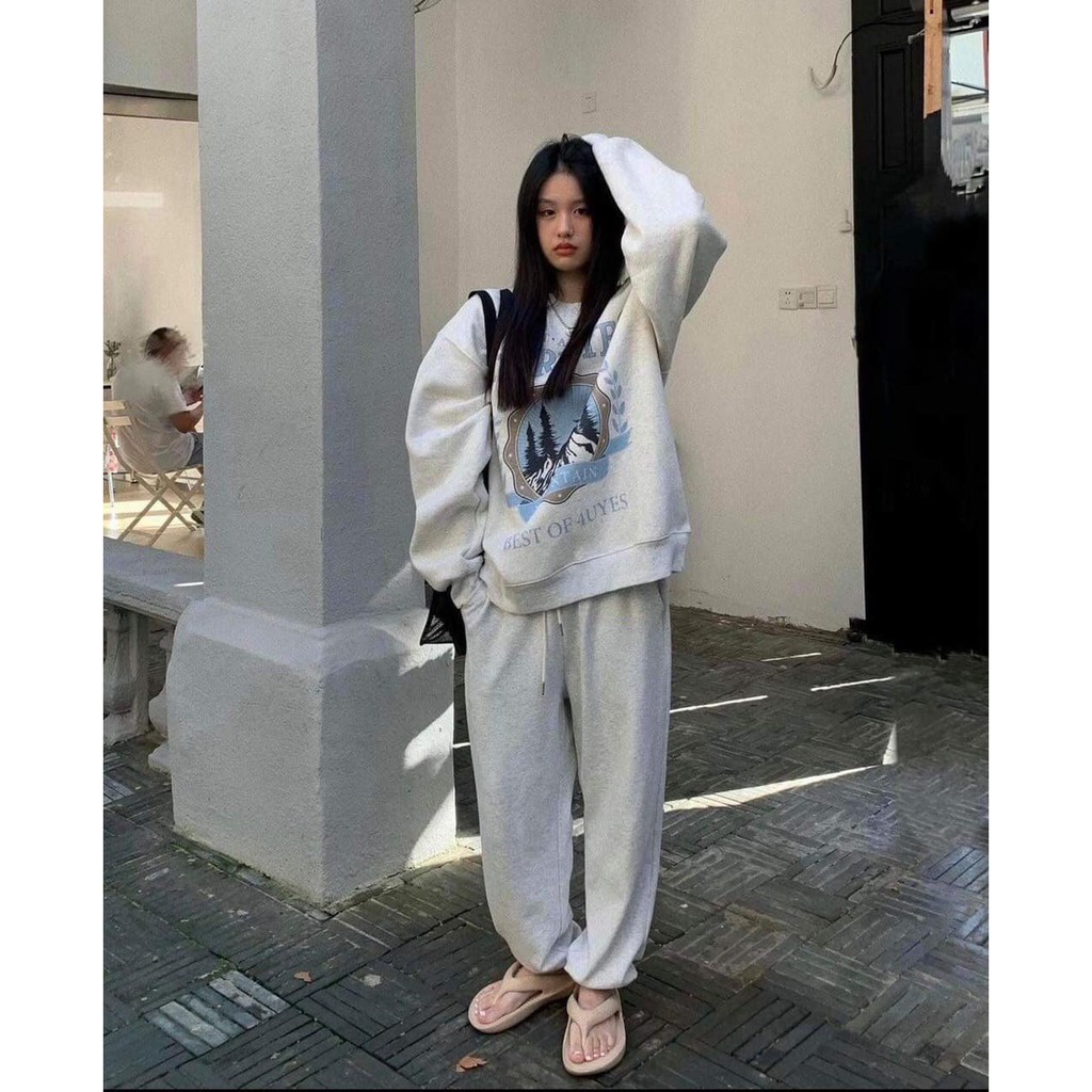 Set Nỉ Starry Xám Nữ [FREESHIP] 🌸 Bộ đồ foruyes form rộng tay bồng, quần ống boom áo sweater cá tính Ulzzang 🌸 | BigBuy360 - bigbuy360.vn