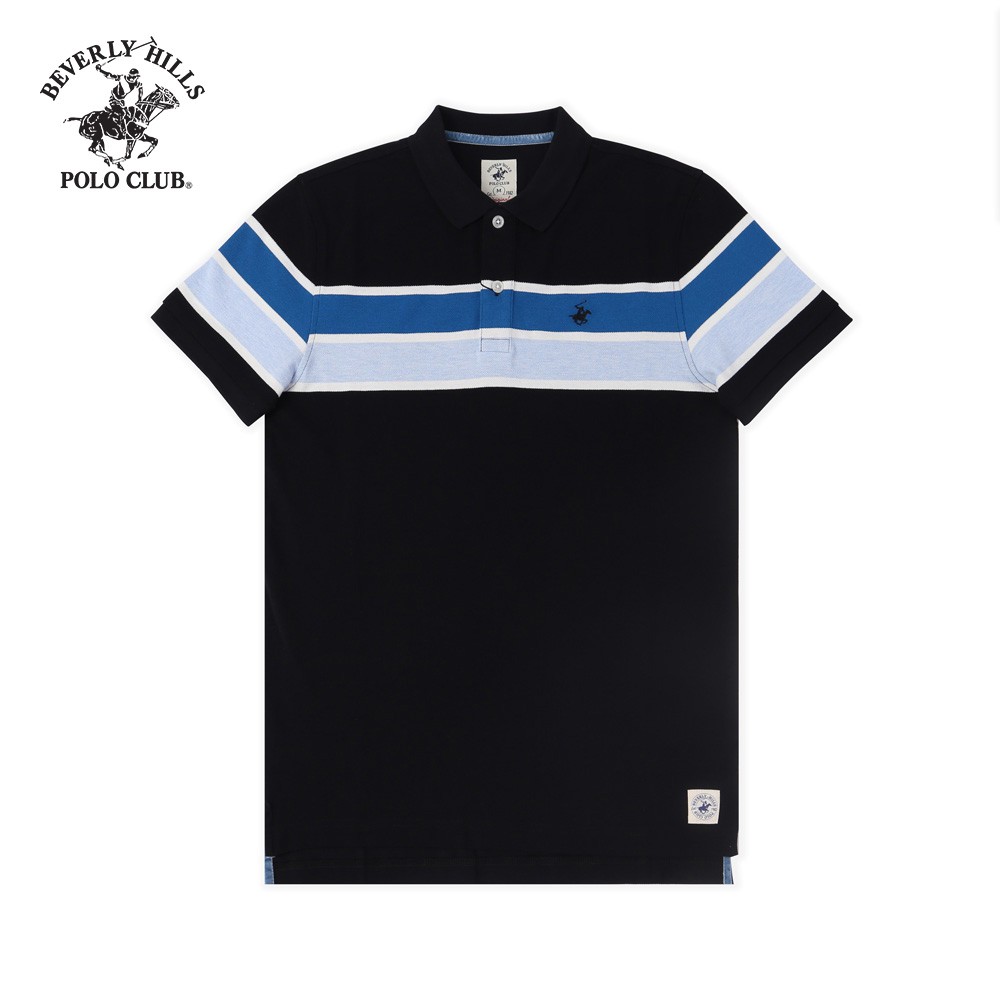 Áo polo ngắn tay BEVERLY HILLS POLO CLUB Slimfit màu đen phối sọc ngang 100% cotton - PMSSS20TL074