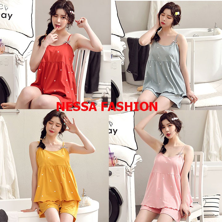 Bộ Đồ Quần Áo Ngủ Mùa Hè Nữ Hai Dây Đeo Cộc Tay Quần Đùi Sexy Xinh BĐN12
