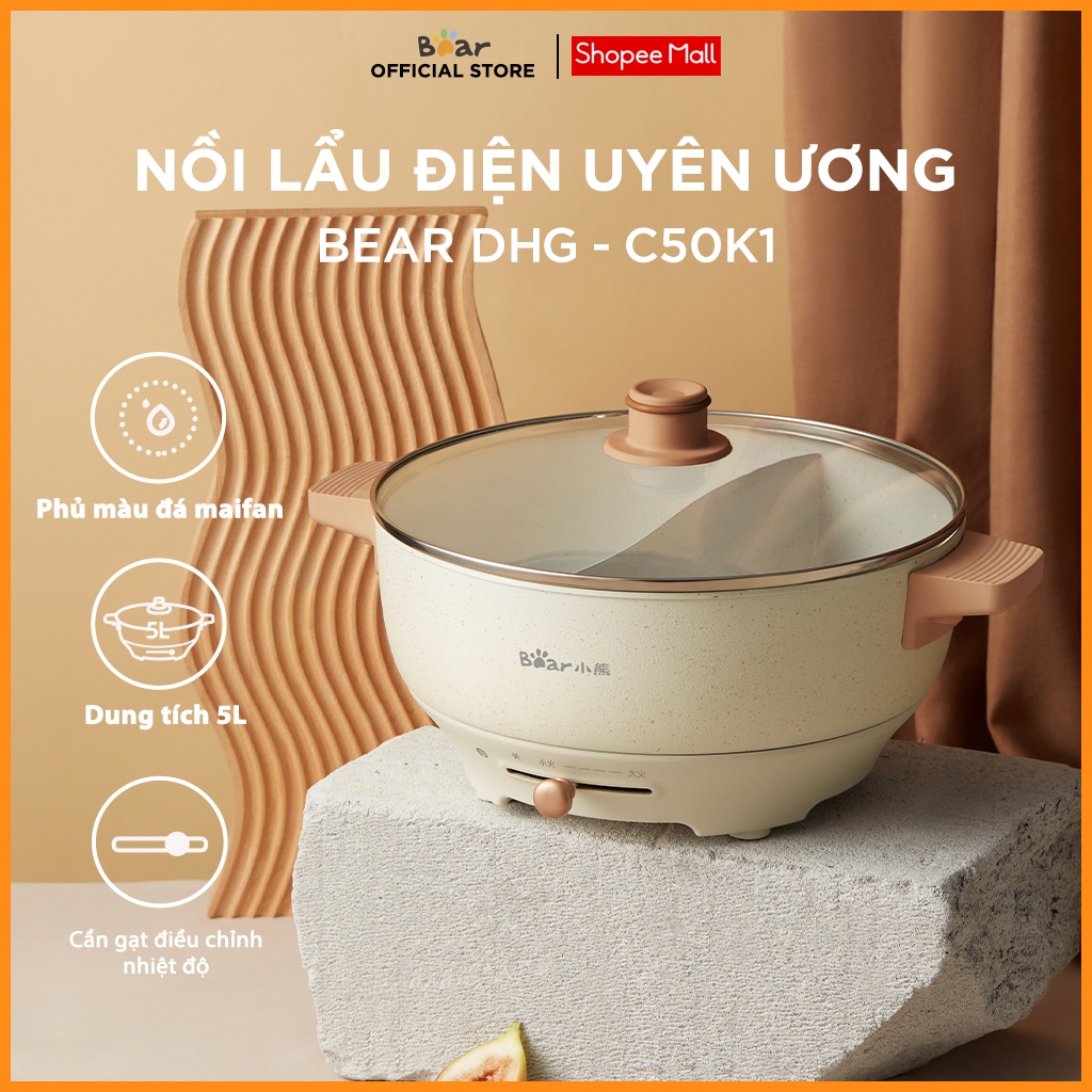 [Mã ELHADEV giảm 4% đơn 300K] Nồi Lẩu Điện Uyên Ương Bear DHG-C50K1 - Hàng Chính Hãng - BH 18 Tháng