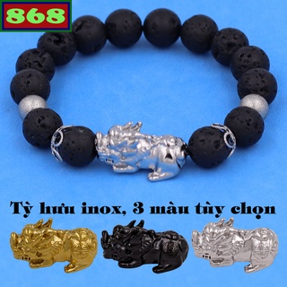Vòng chuỗi đeo tay đá núi lửa charm tỳ hưu inox, bi inox, khía bông inox, từ hạt 6 ly đến 12 ly