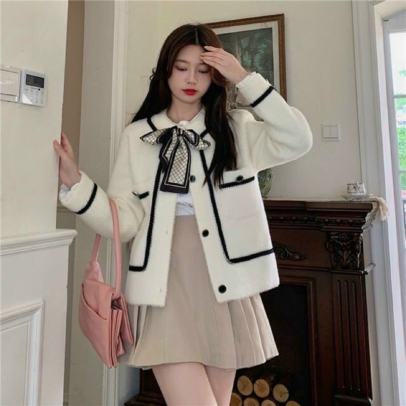Áo khoác cardigan len lông thỏ kèm nơ lụa Timi Store hàng QC(ảnh thật cuối) | BigBuy360 - bigbuy360.vn