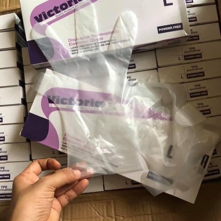 Hộp 100 Găng Tay Cao Su Victoria Bay Siêu Dai, Siêu Mềm Chất Liệu TPE Không Mùi Size L-M-S - MTDDT