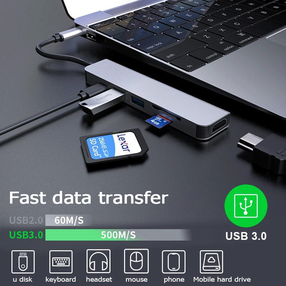 Hub GOOJODOQ chia cổng USB C sang USB 3.0 6 trong 1 dành cho MacBook Pro | WebRaoVat - webraovat.net.vn