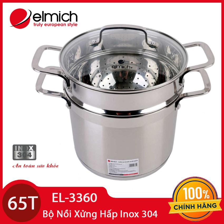 Bộ nồi xửng hấp Inox 304 Elmich EL3360 22cm nắp kính dùng bếp từ