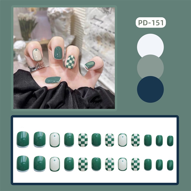 Set 24 móng tay giả sơn trơn họa tiết caro đẹp thời trang Jojo PD151 móng giả đẹp có keo dán với nhiều kiểu dáng độc đáo