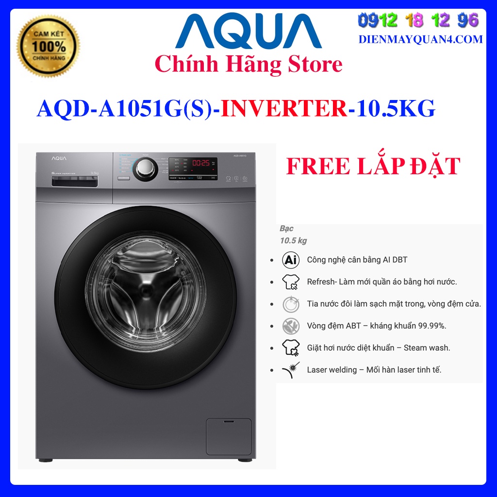 Máy giặt lồng ngang 10.5Kg AQUA AQD-A1051G , Bảo hành chính hãng 24 tháng,