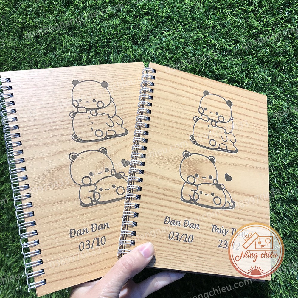 Nhật ký Tình bạn - Sổ tay Notebook khắc hình cặp gấu trúc dễ thương và khắc tên theo yêu cầu