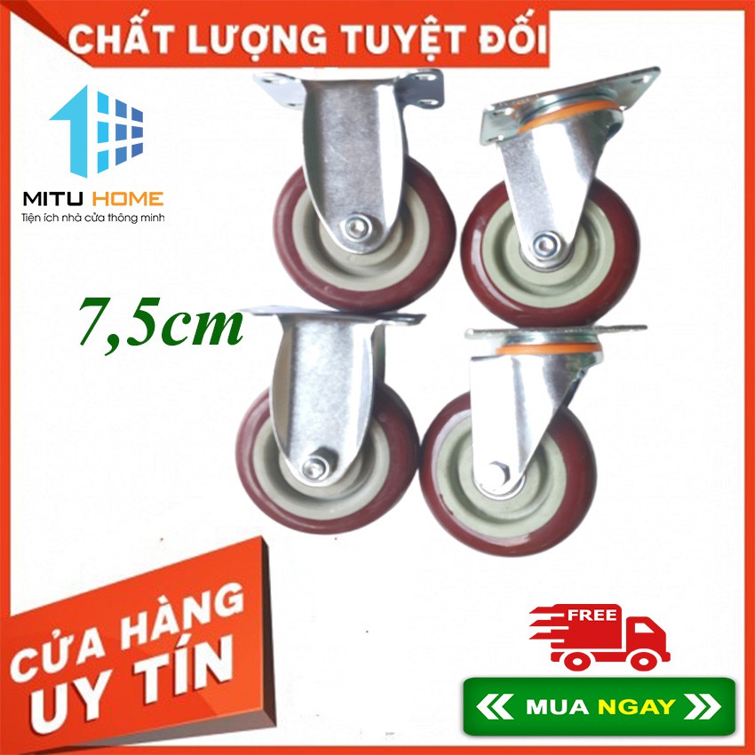 Bánh xe đẩy hàng xoay 360 độ 7,5cm - MITUHOME- Màu mận chín bộ 2 bánh cố định 2 bánh xoay thay thế xe đẩy