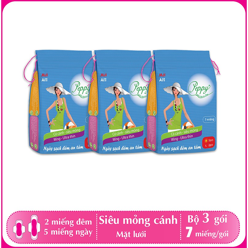 [HOT] Băng vệ sinh PEPPY( A02) 3 gói, lưới siêu thấm, siêu mỏng cánh-Combo 3 gói (5 miếng ban ngày + 2 miếng ban đêm)/gó