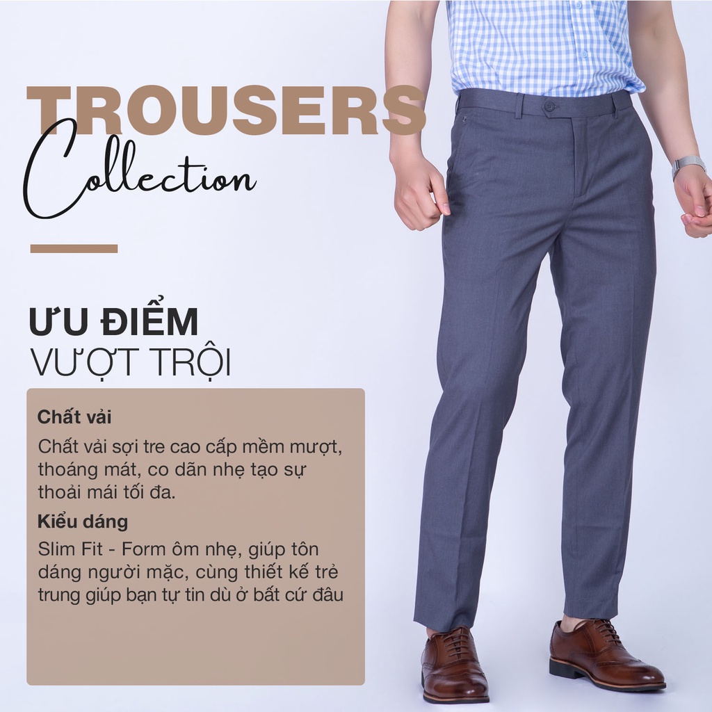 Quần Âu Nam Công Sở Sợi Tre Santino Cao Cấp, Màu Xám Form Ôm Nhẹ Thoáng Mát Chống Nhăn Kháng Khuẩn Và Tia Uv Q066