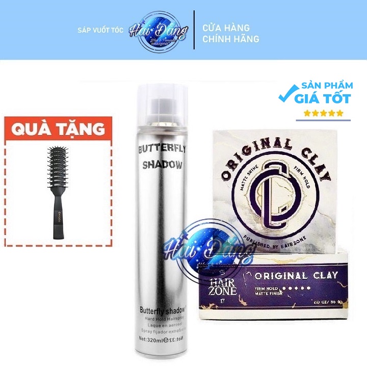 [CHÍNH HÃNG-TẶNG LƯỢC] COMBO Sáp vuốt tóc Original Clay + Gôm xịt tóc Butterfly 320ml