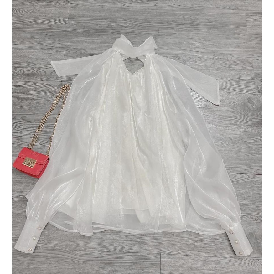 Áo Babydoll Dáng Dài Ms.3075 Áo Dáng Babydoll Suông Dài Cổ Phối Ngọc Chất Tơ Óng Bên Tròn Có Lót
