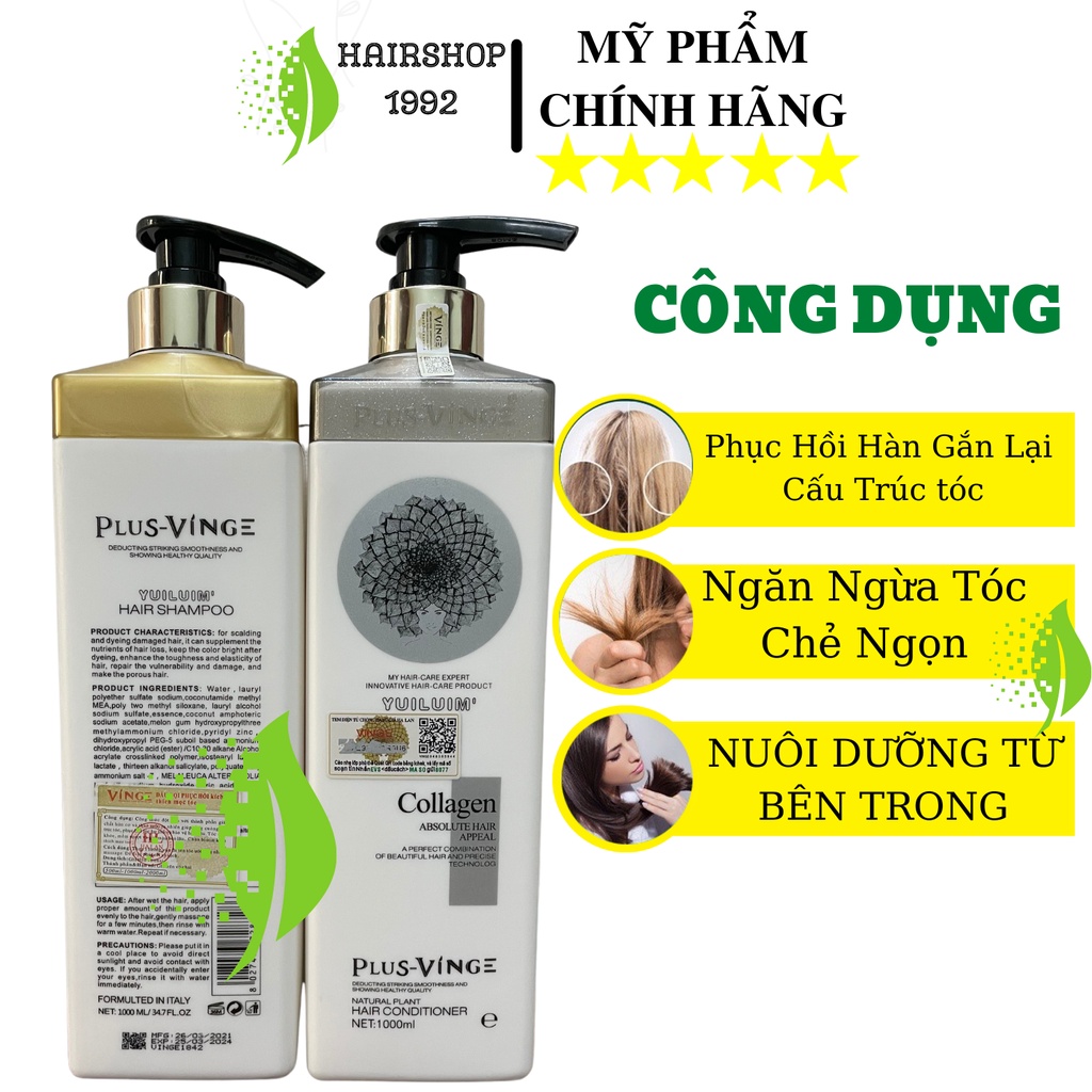 Dầu Gội Xả Collagen Vinge 1000ML | Giảm Rụng Tóc, Kích Mọc Tóc, Phục Hồi Tóc Hư Tổn Hương Thơm Nước Hoa