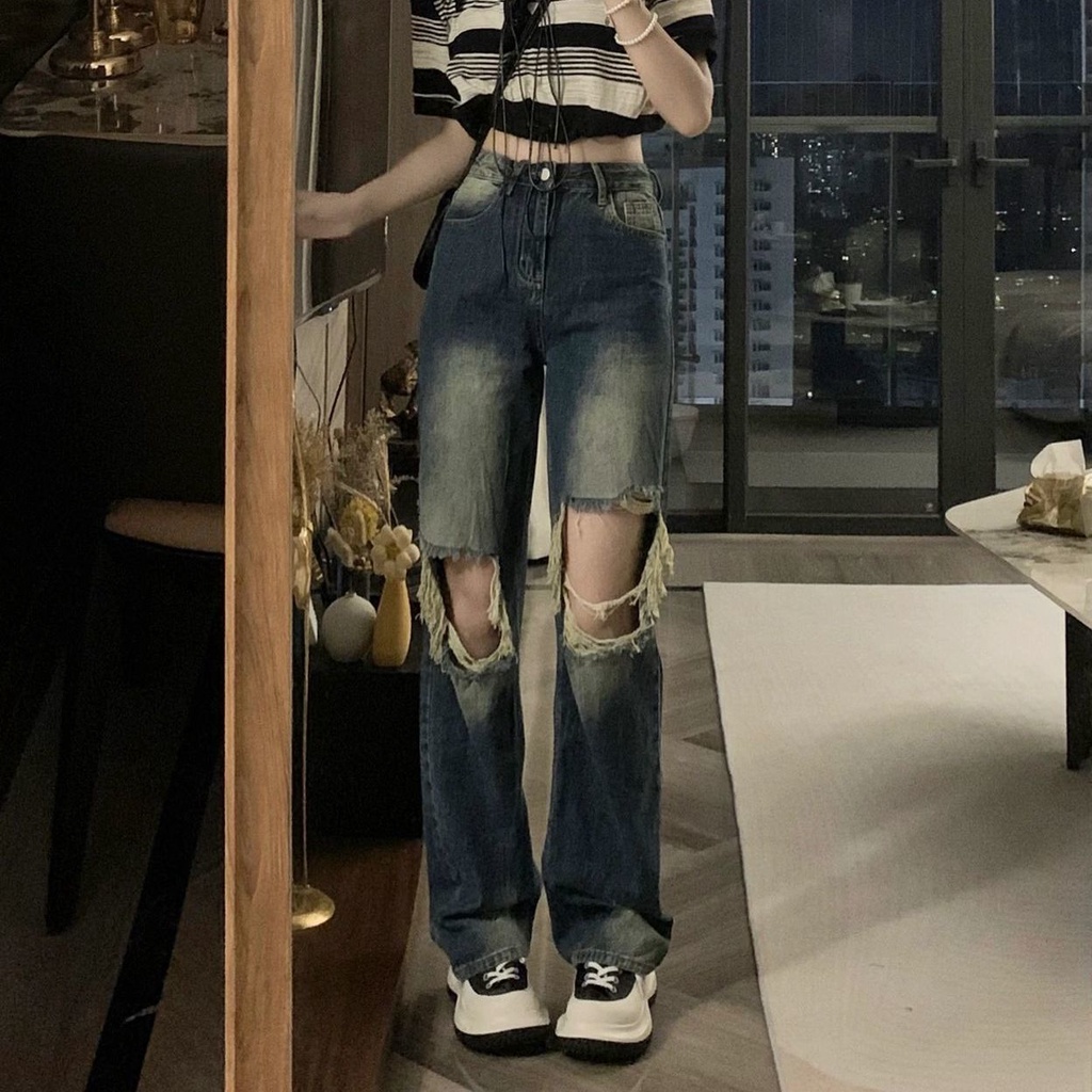 Quần Jeans Nữ Lưng Cao Dáng Rộng Rách Gối Cá Tính