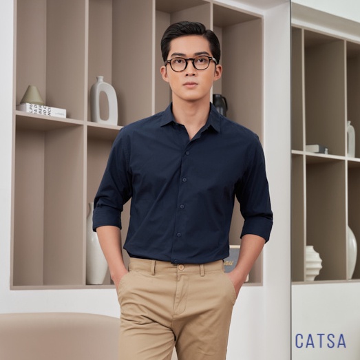 Áo sơ mi nam công sở xanh đen chất liệu vải mềm mịn, thoáng mát, chống nhăn CATSA ASD018