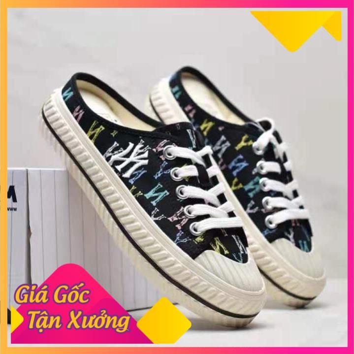 Giày Sục nữ lười thể thao MLB ny đạp gót màu Đen Hoạ Tiết sneaker nam nữ Hot trend