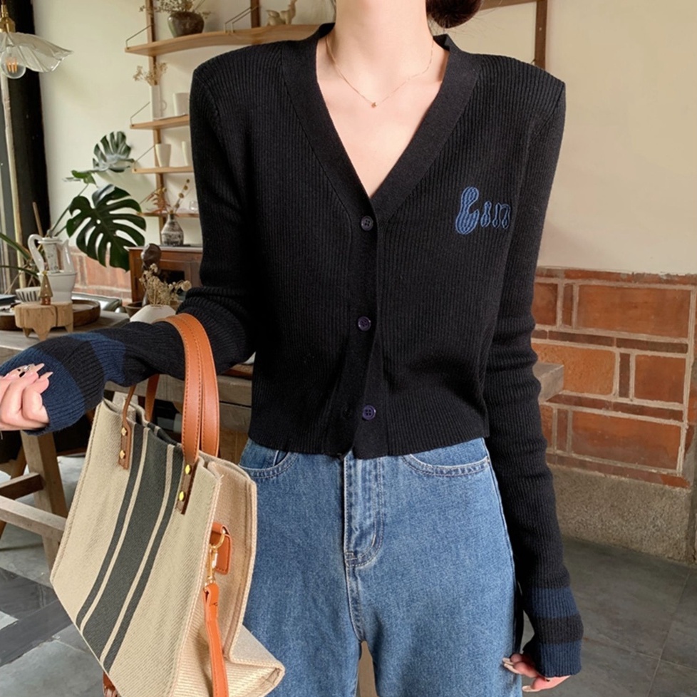 Áo khoác cardigan dệt kim ZHELIHANGFEI tay dài cổ V họa tiết thêu đơn giản dễ phối đồ
