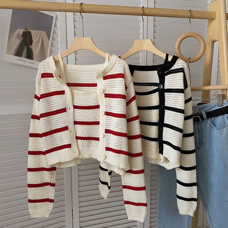 Set Áo Hai Dây Dệt Kim Kẻ Sọc + Áo Khoác Cardigan Thời Trang Nữ