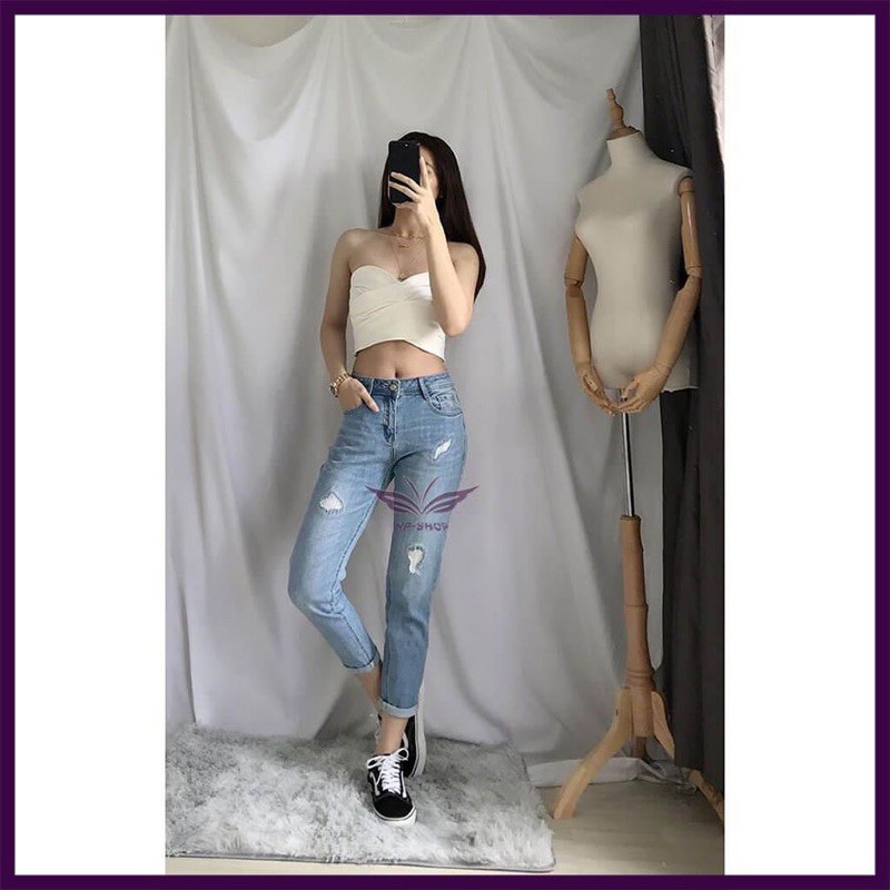 Quần baggy nữ lửng lưng cao⚡️ quần boyfriend nữ ngố cạp cao co giãn kiểu rách Nhipham shop/xanh nhạt, xanh đậm
