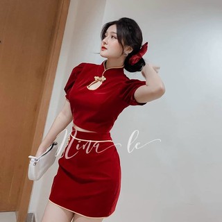 Set áo cổ tàu tay phồng và chân váy ôm kẻ viền xinh xắn