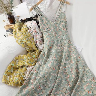 Váy hoa nhí 3 dây vintage. Đầm maxi chất liệu voan hở lưng gợi cảm