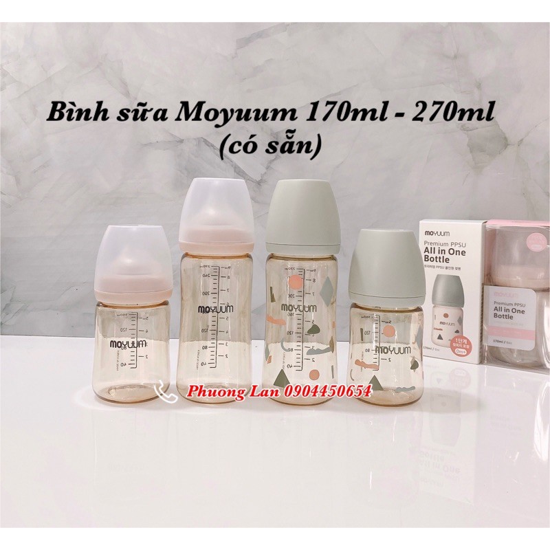 Bình Moyuum bình núm ti size 170ml 270ml mẫu trơn, mây, lạc đà, hoa cúc, tím, thỏ - Nội địa Hàn chính hãng chuẩn auth